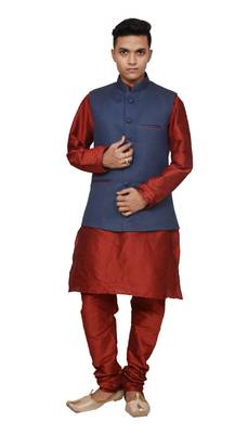 Mag Men's Red Matching silk Kurta Churidhar With Nevy Blue Joot Waistcoat 1