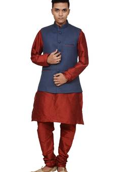 Mag Men's Red Matching silk Kurta Churidhar With Nevy Blue Joot Waistcoat