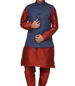 Mag Men's Red Matching silk Kurta Churidhar With Nevy Blue Joot Waistcoat