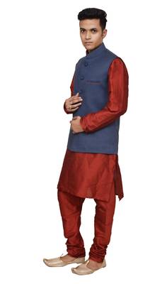 Mag Men's Red Matching silk Kurta Churidhar With Nevy Blue Joot Waistcoat 2