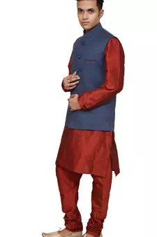 Mag Men's Red Matching silk Kurta Churidhar With Nevy Blue Joot Waistcoat
