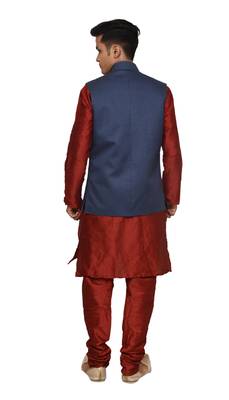 Mag Men's Red Matching silk Kurta Churidhar With Nevy Blue Joot Waistcoat 3