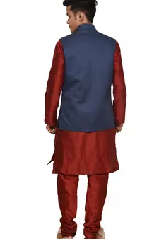 Mag Men's Red Matching silk Kurta Churidhar With Nevy Blue Joot Waistcoat