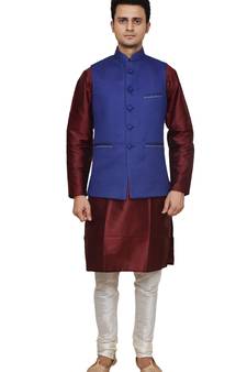 Mag Men's Maroon silk Kurta white Churidhar With Royal Blue Joot Waistcoat