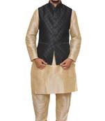 Mag Men's Gold Matching silk Kurta Churidhar With Black 2nd Waistcoat