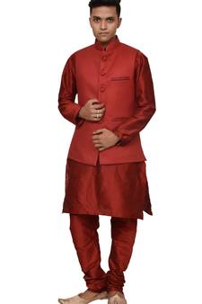 Mag Men's Red Matching silk Kurta Churidhar With Red Joot Waistcoat