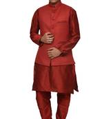Mag Men's Red Matching silk Kurta Churidhar With Red Joot Waistcoat