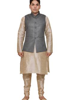 Mag Men's Double Tone Matching silk Kurta Churidhar With Gray 1st Joot Waistcoat