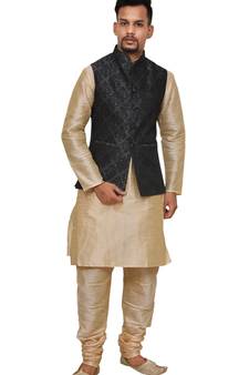 Mag Men's Gold Matching silk Kurta Churidhar With Black 1st Waistcoat