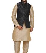 Mag Men's Gold Matching silk Kurta Churidhar With Black 1st Waistcoat