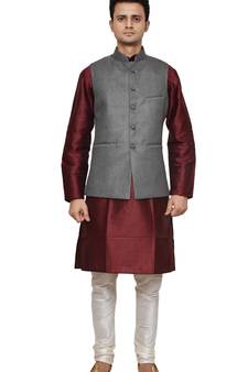 Mag Men's Maroon silk Kurta white Churidhar With Gray 1st Joot Waistcoat