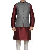 Mag Men's Maroon silk Kurta white Churidhar With Gray 1st Joot Waistcoat