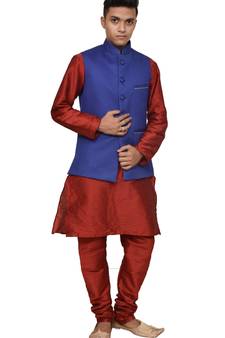 Mag Men's Red Matching silk Kurta Churidhar With Royal Blue Joot Waistcoat
