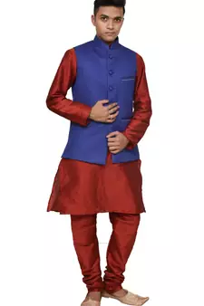 Mag Men's Red Matching silk Kurta Churidhar With Royal Blue Joot Waistcoat