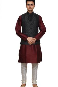 Mag Men's Maroon silk Kurta white Churidhar With Black 2nd Waistcoat