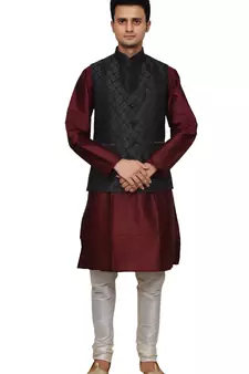 Mag Men's Maroon silk Kurta white Churidhar With Black 2nd Waistcoat