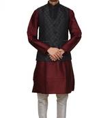 Mag Men's Maroon silk Kurta white Churidhar With Black 2nd Waistcoat