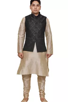 Mag Men's Double Tone Matching silk Kurta Churidhar With Black 1st Waistcoat