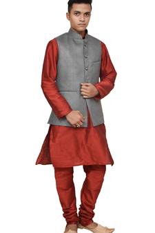 Mag Men's Red Matching silk Kurta Churidhar With Gray 1st Joot Waistcoat