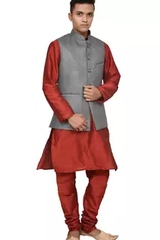 Mag Men's Red Matching silk Kurta Churidhar With Gray 1st Joot Waistcoat