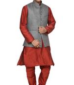 Mag Men's Red Matching silk Kurta Churidhar With Gray 1st Joot Waistcoat