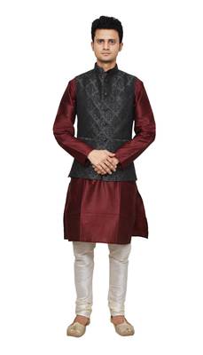 Mag Men's Maroon silk Kurta white Churidhar With Black 1st Waistcoat 1
