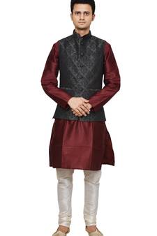 Mag Men's Maroon silk Kurta white Churidhar With Black 1st Waistcoat