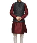 Mag Men's Maroon silk Kurta white Churidhar With Black 1st Waistcoat