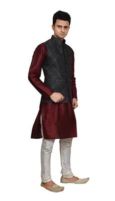 Mag Men's Maroon silk Kurta white Churidhar With Black 1st Waistcoat 2