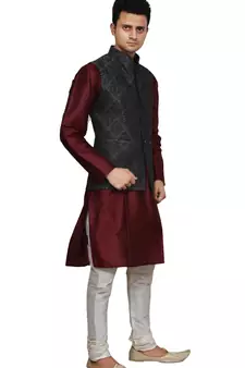 Mag Men's Maroon silk Kurta white Churidhar With Black 1st Waistcoat