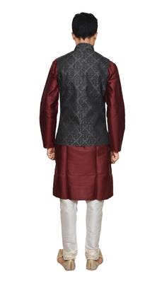 Mag Men's Maroon silk Kurta white Churidhar With Black 1st Waistcoat 3