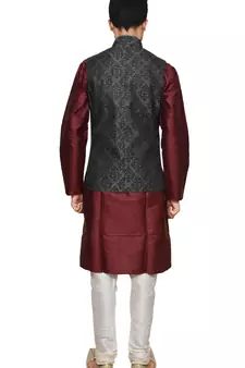 Mag Men's Maroon silk Kurta white Churidhar With Black 1st Waistcoat
