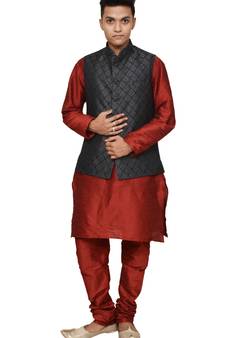 Mag Men's Red Matching silk Kurta Churidhar With Black 2nd Waistcoat