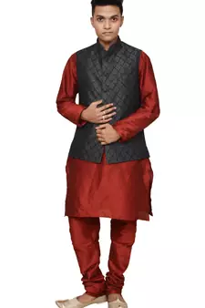 Mag Men's Red Matching silk Kurta Churidhar With Black 2nd Waistcoat