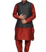 Mag Men's Red Matching silk Kurta Churidhar With Black 2nd Waistcoat
