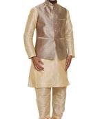 Mag Men's Gold Matching silk Kurta Churidhar With Gold 2nd Waistcoat