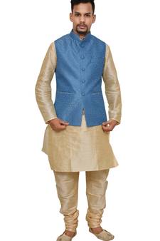 Mag Men's Gold Matching silk Kurta Churidhar With Banarsi Sky Blue Waistcoat