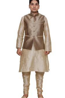 Mag Men's Double Tone Matching silk Kurta Churidhar With Gold 2nd Waistcoat