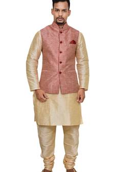 Mag Men's Gold Matching silk Kurta Churidhar With Pink Waistcoat