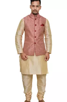 Mag Men's Gold Matching silk Kurta Churidhar With Pink Waistcoat