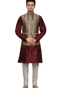 Mag Men's Maroon silk Kurta white Churidhar With Gold 2nd Waistcoat