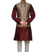Mag Men's Maroon silk Kurta white Churidhar With Gold 2nd Waistcoat