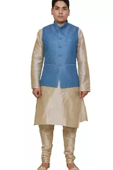 Mag Men's Double Tone Matching silk Kurta Churidhar With Banarsi Sky Blue Waistcoat