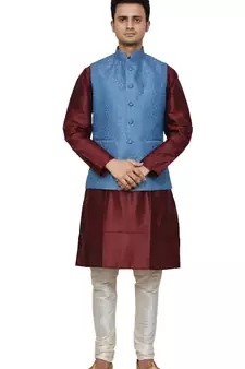 Mag Men's Maroon silk Kurta white Churidhar With Banarsi Sky Blue Waistcoat