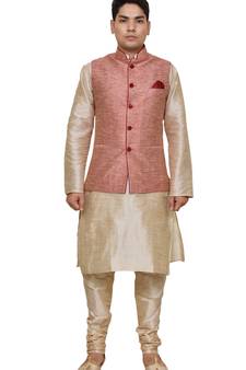 Mag Men's Double Tone Matching silk Kurta Churidhar With Pink Waistcoat