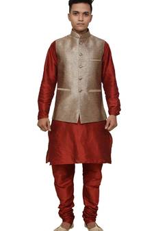 Mag Men's Red Matching silk Kurta Churidhar With Gold 2nd Waistcoat