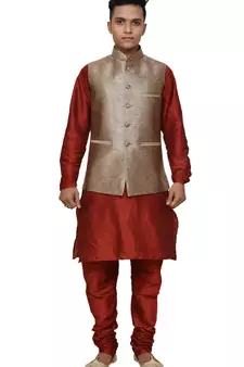 Mag Men's Red Matching silk Kurta Churidhar With Gold 2nd Waistcoat