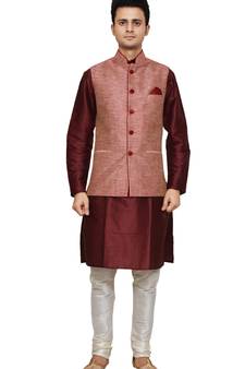 Mag Men's Maroon silk Kurta white Churidhar With Pink Waistcoat