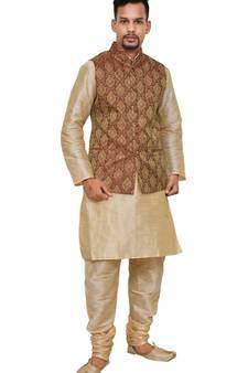 Mag Men's Gold Matching silk Kurta Churidhar With Maroon Waistcoat