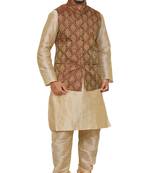 Mag Men's Gold Matching silk Kurta Churidhar With Maroon Waistcoat